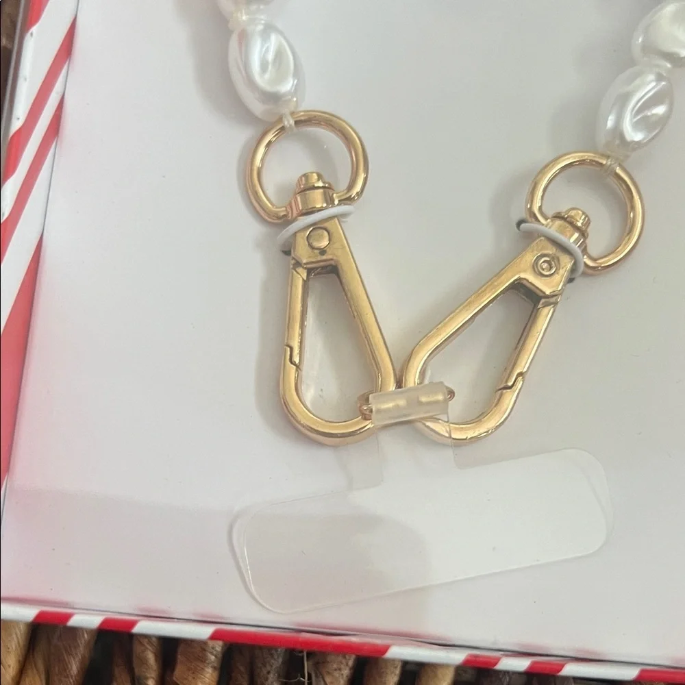 A New Day White Pearl Phone Case Strap with Gold Accents
